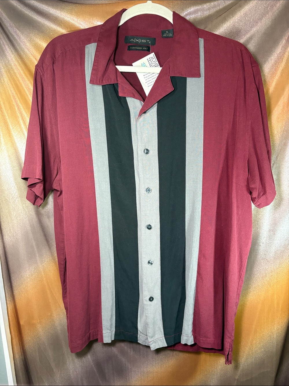 Axist silk Burgundy Short Sleeve Button-Down Black & Gray Stripes XL C5